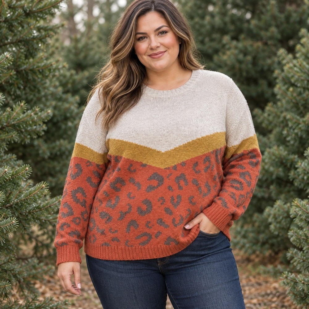 268 Easel Oversized Color Block Leopard Print Knit Sweater (Size 1X, NWT)